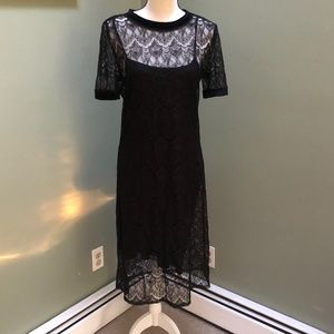 Black lace overlay dress with slip, velvet accents